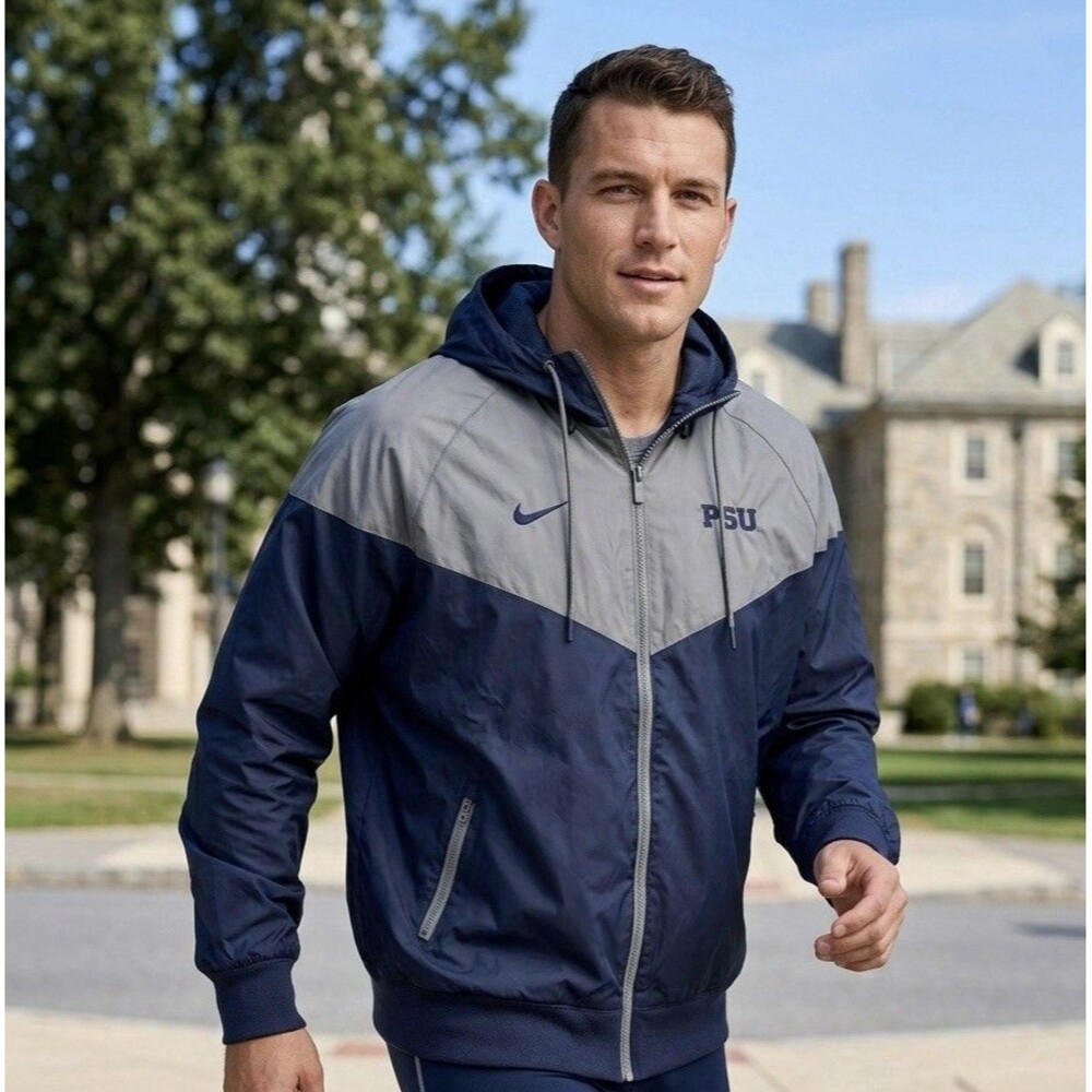 Nike Penn State PSU Windrunner Jacket Mens XXL Blue Gray Hooded Windbreaker Coat